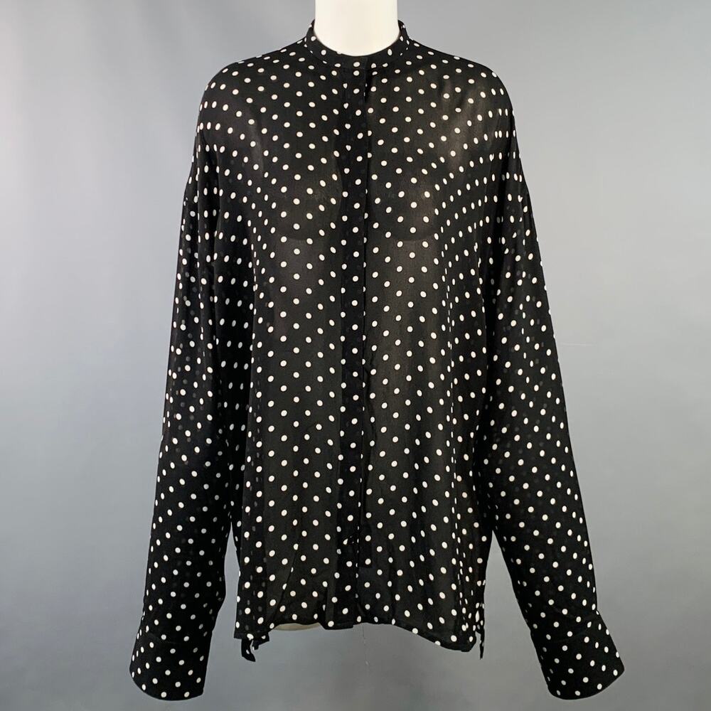 HAIDER ACKERMANN Black White Polka Dot Crepe Nehru Collar Hidden Buttons Shirt